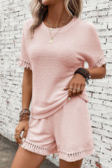 Pink Fringe Trim Textured Short Two Piece Set Short Sets JT's Designer Fashion