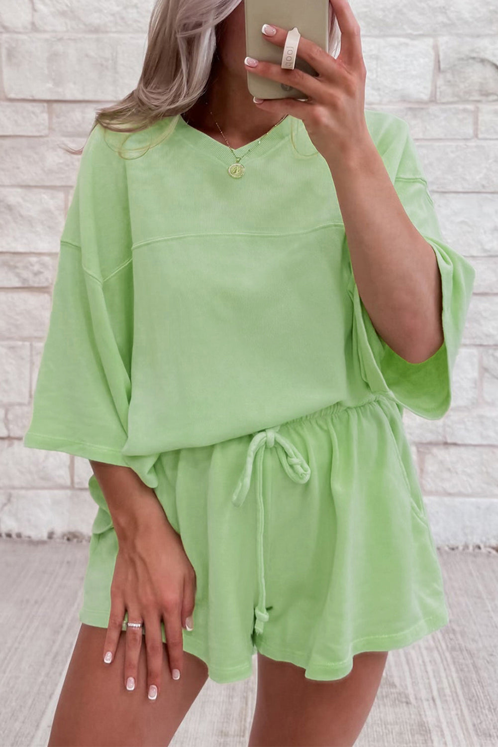 Meadow Mist Green Solid Loose V Neck Half Sleeve Tee and Shorts Short Sets JT's Designer Fashion