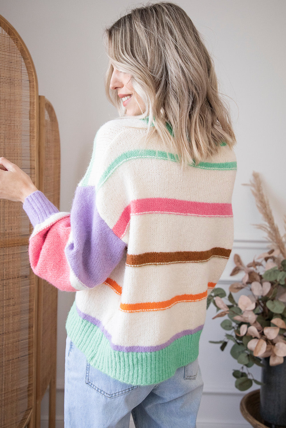 Multicolor Striped Colorblock Drop Shoulder Sweater Sweaters & Cardigans JT's Designer Fashion