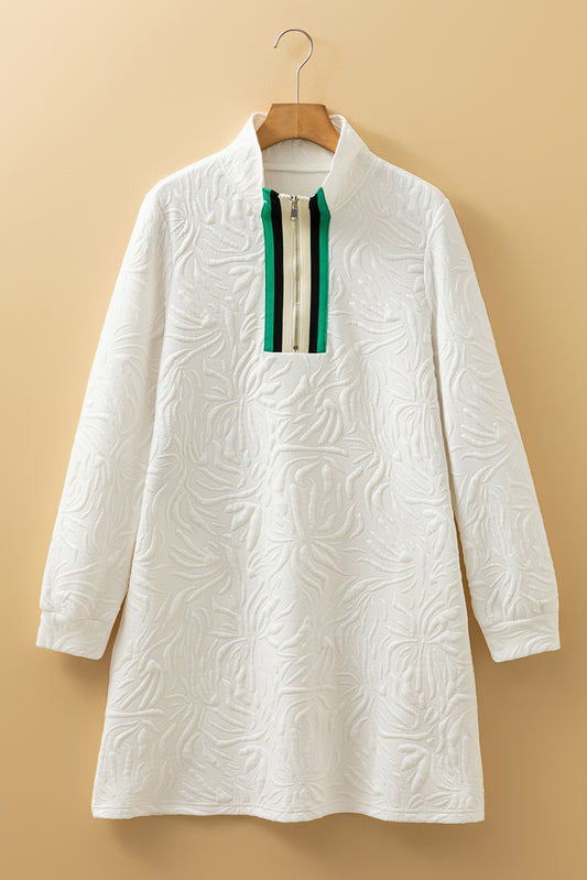 White Jacquard Textured Quarter Zipper Shift Mini Dress Mini Dresses JT's Designer Fashion
