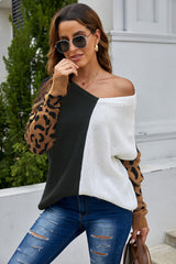 Leopard Print Contrast Color V Neck Sweater Sweaters & Cardigans JT's Designer Fashion