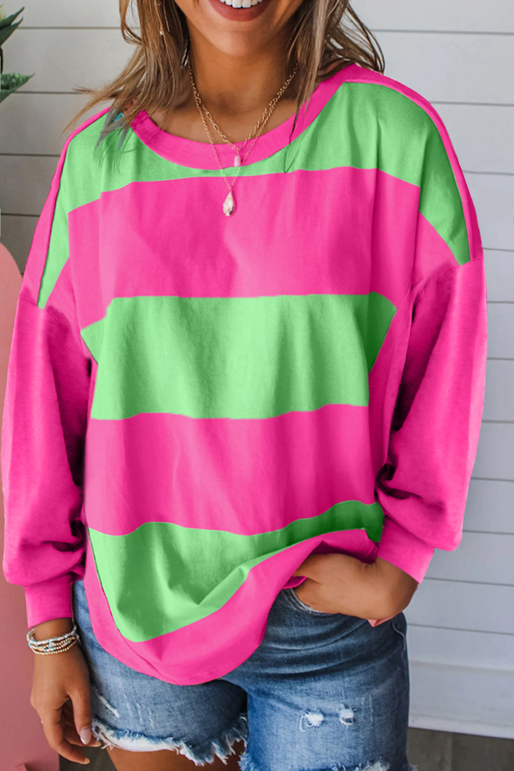 Light Green Colorblock Striped Drop Shoulder Loose Top Long Sleeve Tops JT's Designer Fashion