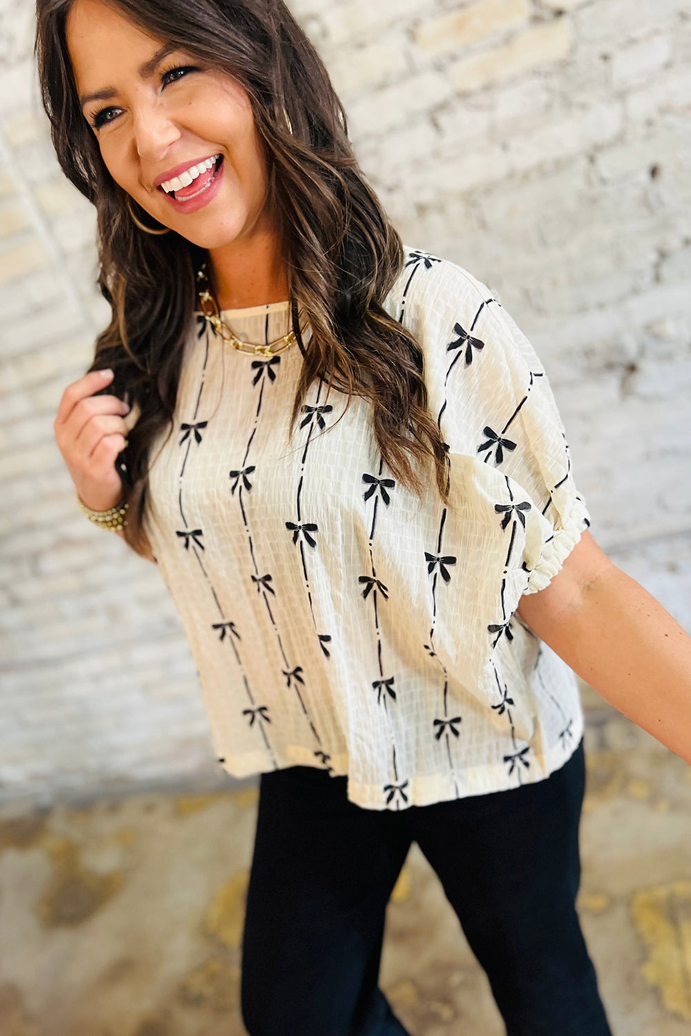 Beige Bow Print Puff Short Sleeve Top Blouses & Shirts JT's Designer Fashion