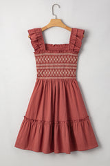 Red Sandalwood Geometric Stitch Shirred Bodice Ruffled Trim Sleeveless Mini Dress Dresses JT's Designer Fashion