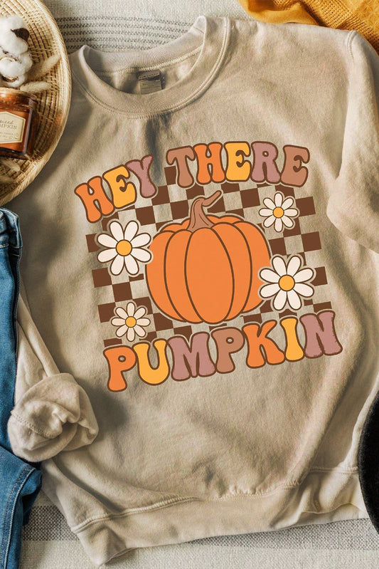 Khaki Floral Checkered Pumpkin Graphic Drop Shoulder Thanksgiving Sweatshirt Graphic Sweatshirts JT's Designer Fashion