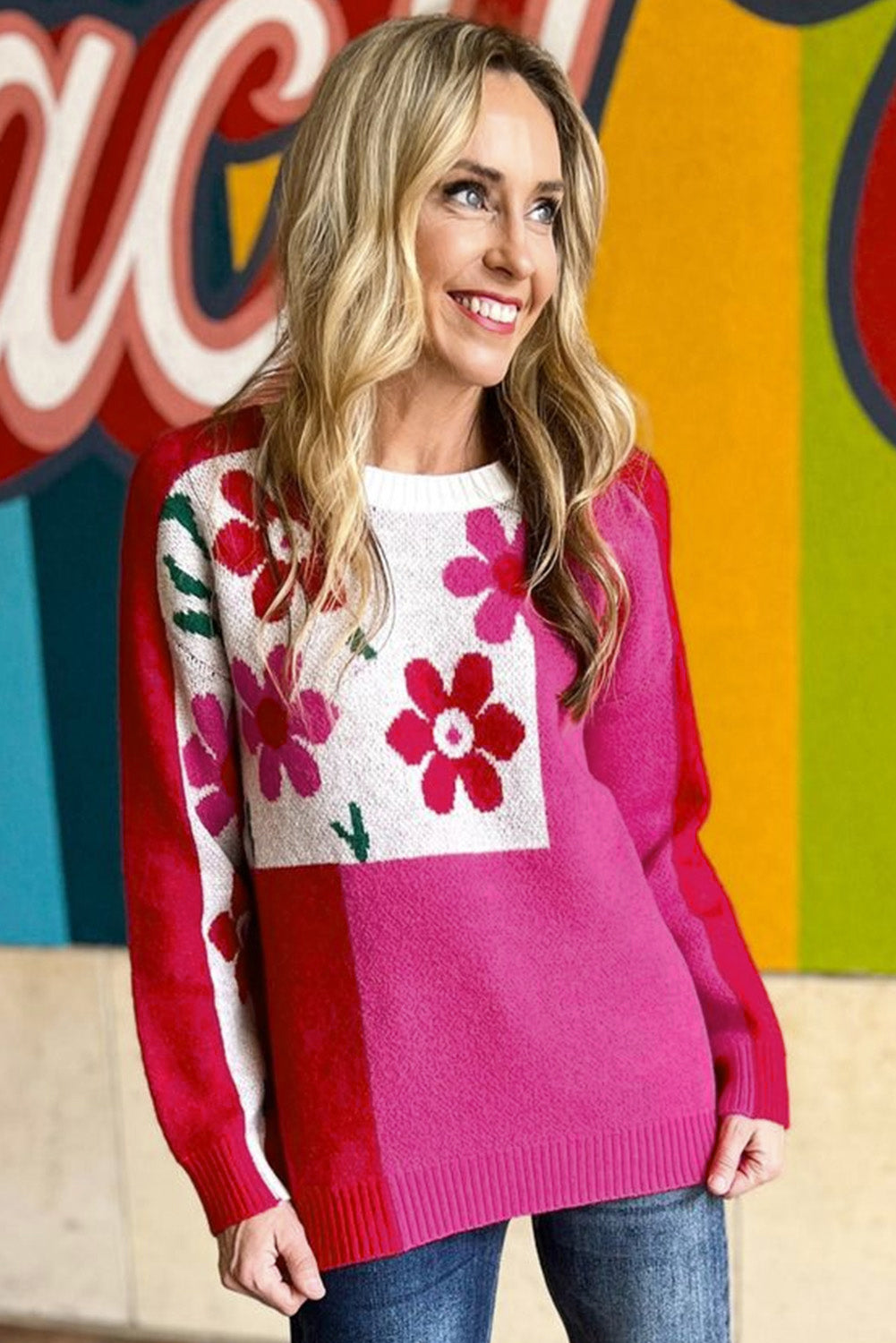 Rose Red Floral Mixed Color Block Sweater Sweaters & Cardigans JT's Designer Fashion