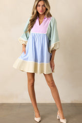 Multicolour Striped Patchwork Ric Rac Puff Sleeve Collared Mini Dress Mini Dresses JT's Designer Fashion