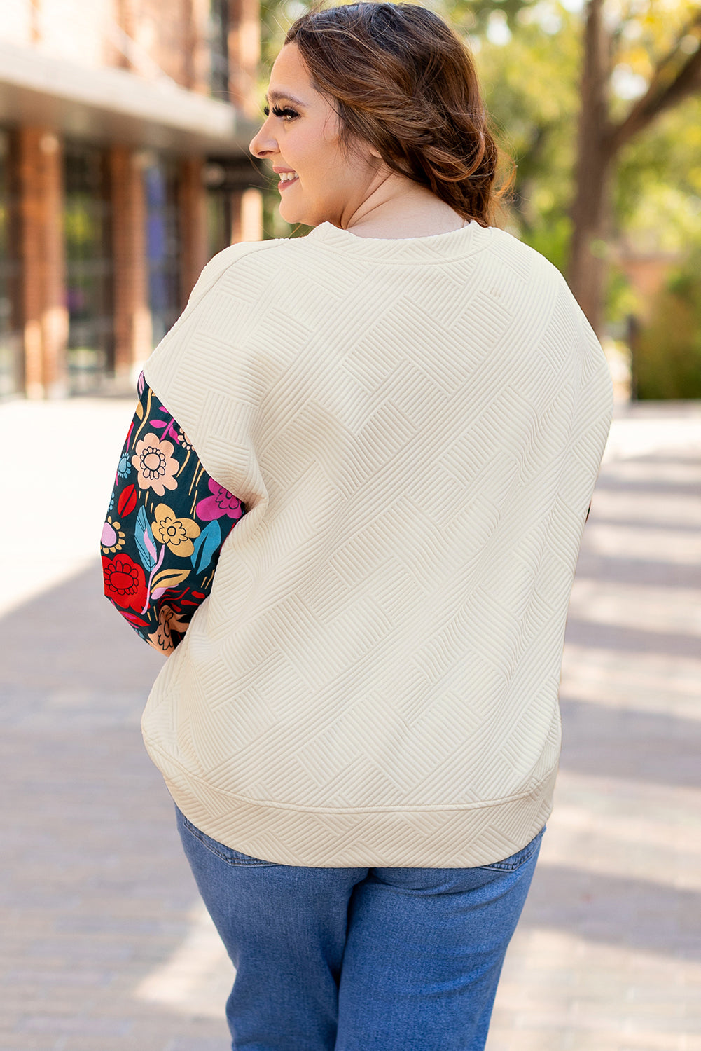 White Floral Patchwork Sleeve Textured Plus Size Pullover Top Plus Size Long Sleeve Tops JT's Designer Fashion