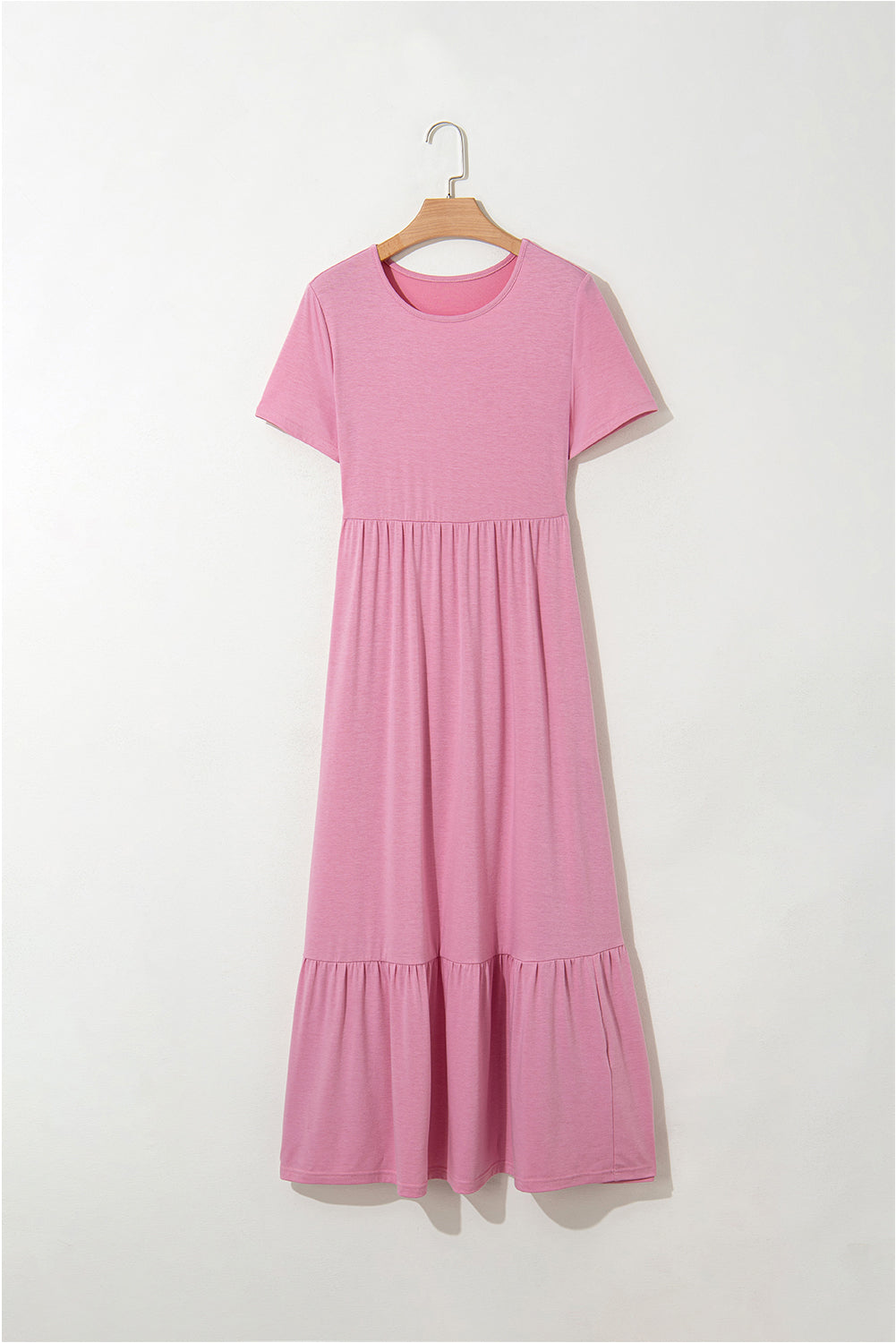 Pink Solid Color T-shirt High Waist Pocketed Long Dress Maxi Dresses JT's Designer Fashion