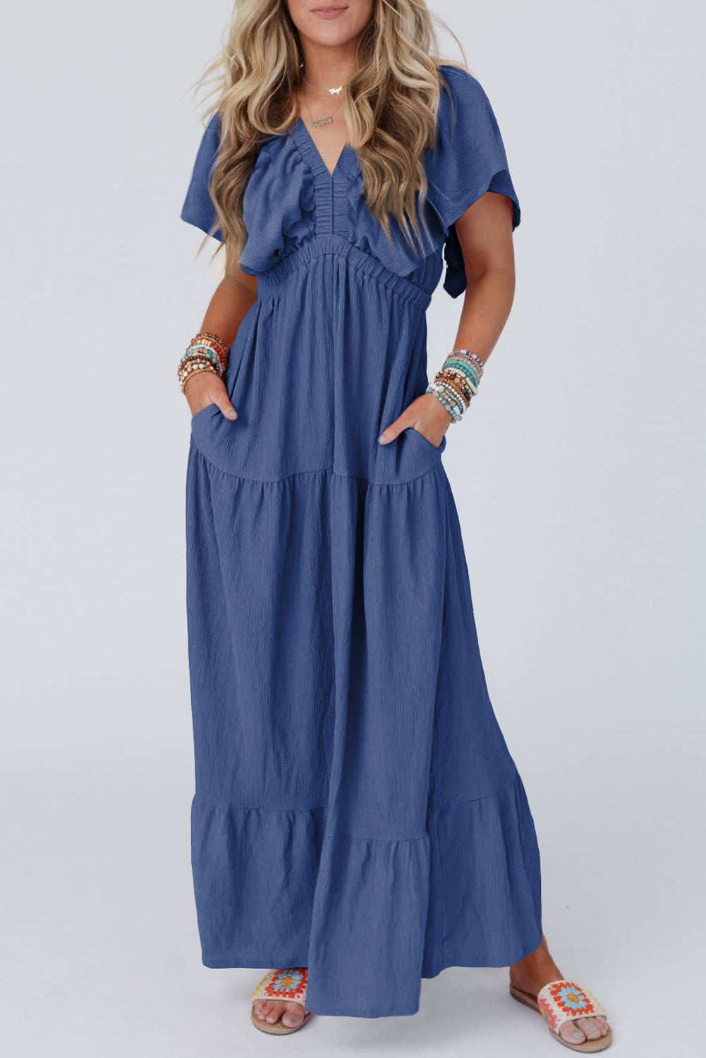 Navy Blue Textured V Neck Flutter Sleeve Ruffled Long Dress Navy Blue 65%Polyester+30%Viscose+5%Elastane Maxi Dresses JT's Designer Fashion
