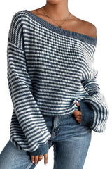 Sail Blue Striped Lantern Sleeve Drop Shoulder Cozy Sweater Sweaters JT's Designer Fashion