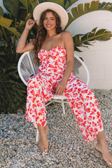 Pink Floral Print Twisted Bandeau Keyhole Pleated Wide Leg Jumpsuit Jumpsuits & Rompers JT's Designer Fashion