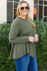 Mist Green Plus Size Thermal Knitted Babydoll Flare Top Plus Size Long Sleeve Tops JT's Designer Fashion