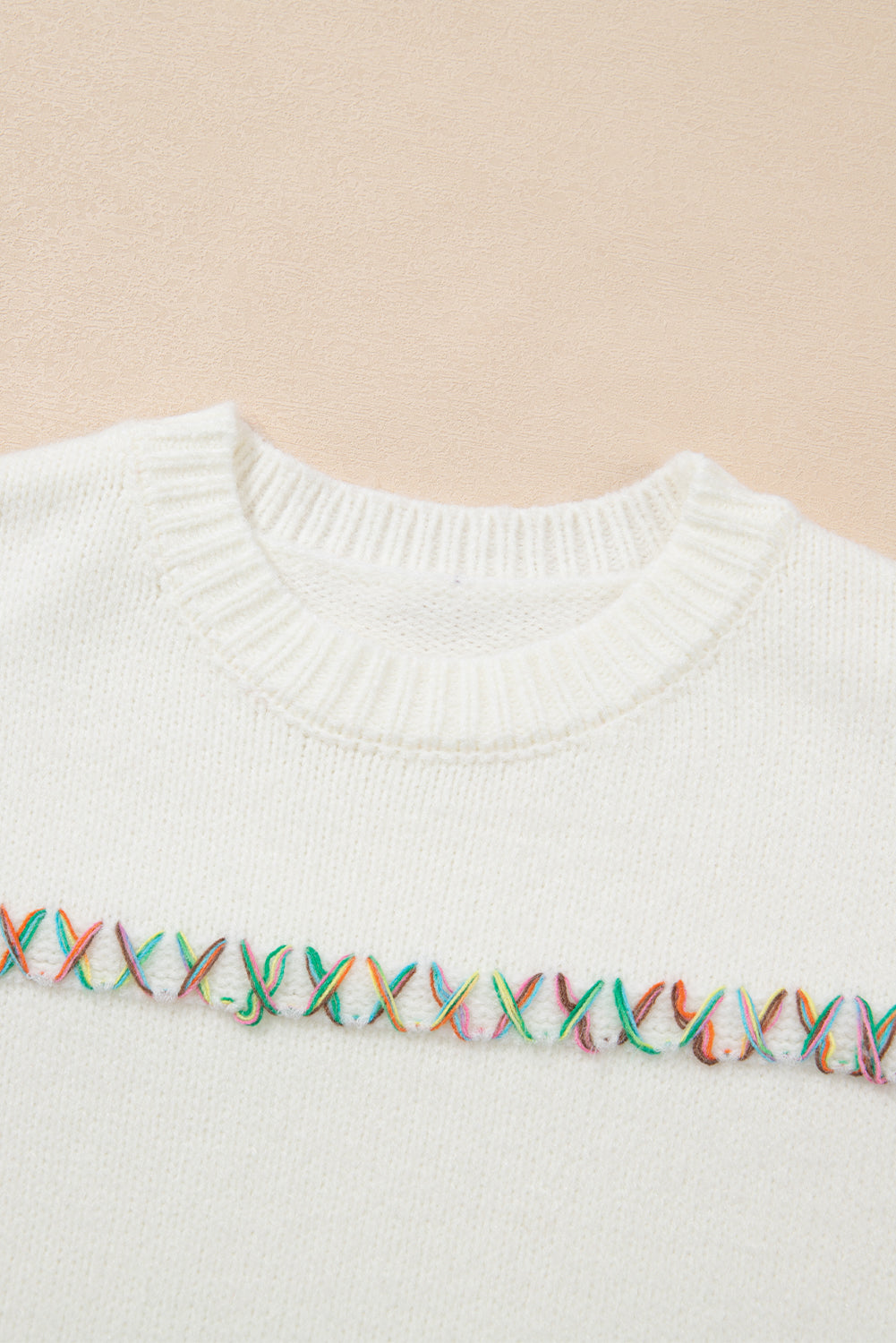 White Colorful Crossed Stitch Drop Shoulder Sweater Sweaters JT's Designer Fashion