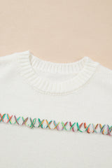 White Colorful Crossed Stitch Drop Shoulder Sweater Sweaters JT's Designer Fashion