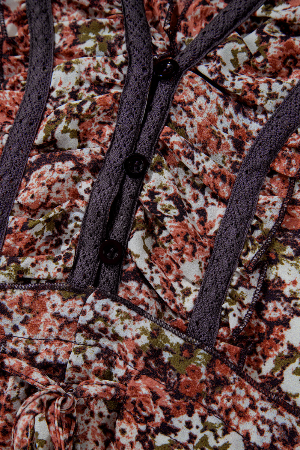 Brown Floral Print Split Front Tiered Frilled V Neck Midi Dress Floral Dresses JT's Designer Fashion