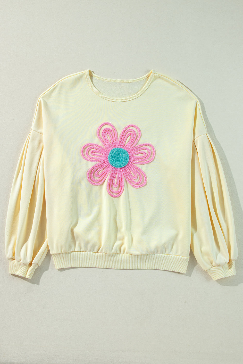 Beige Tinsel Flower Dropped Puff Sleeve Sweatshirt Sweatshirts & Hoodies JT's Designer Fashion