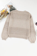 Brown Eyelet Pattern Detail V Neck Drop Shoulder Sweater Sweaters JT's Designer Fashion