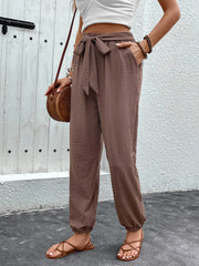 Tied High Waist Pants with Pockets Bottoms JT's Designer Fashion