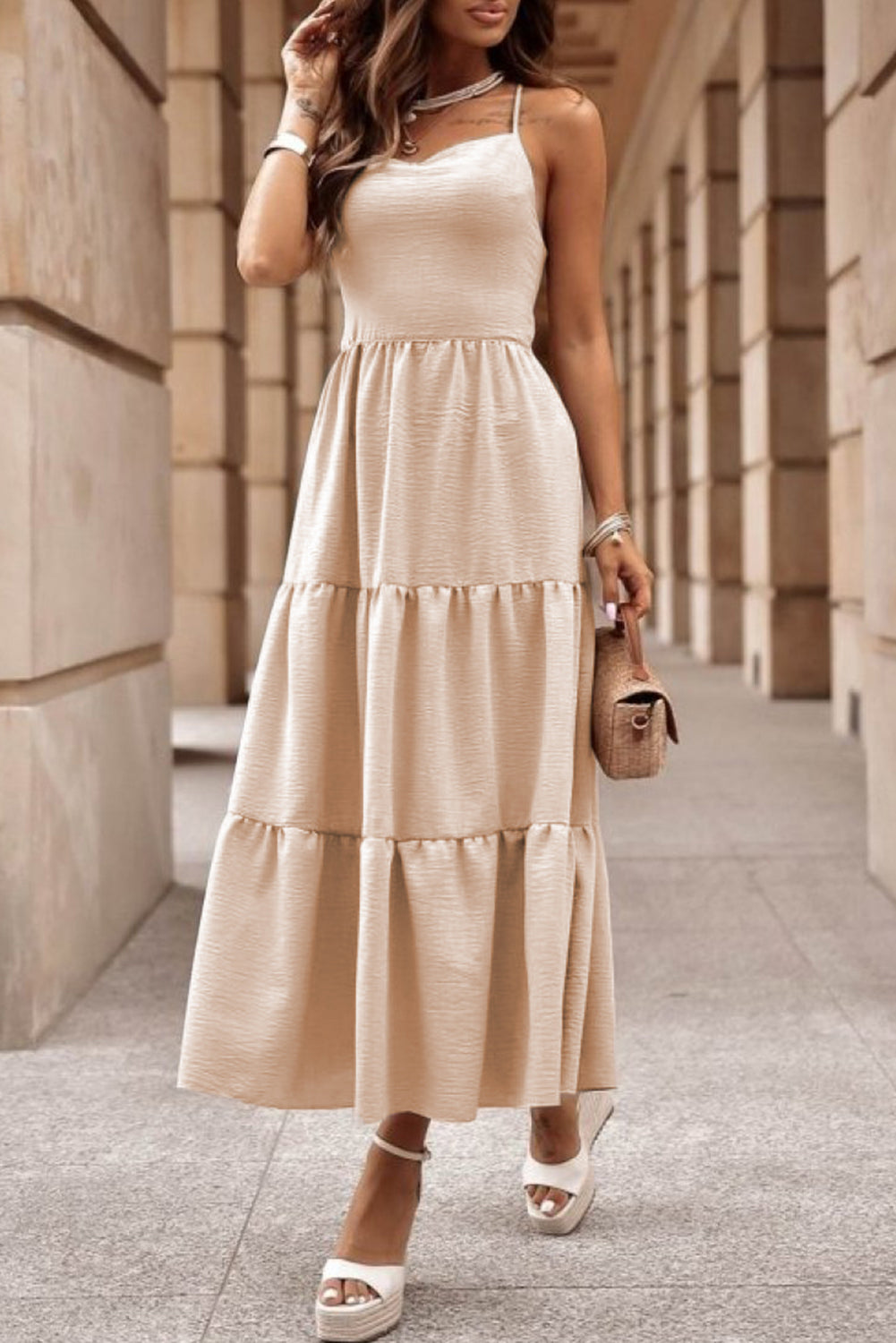 Oatmeal Crossover Backless Bodice Tiered Maxi Dress Dresses JT's Designer Fashion