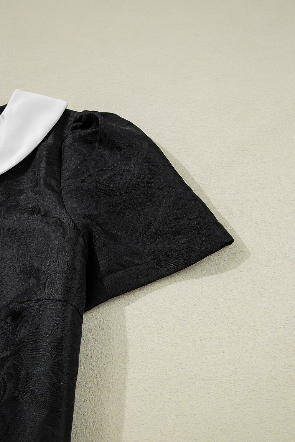Black Floral Embossed Puff Sleeve Colorblock Bow Collared Mini Dress Mini Dresses JT's Designer Fashion