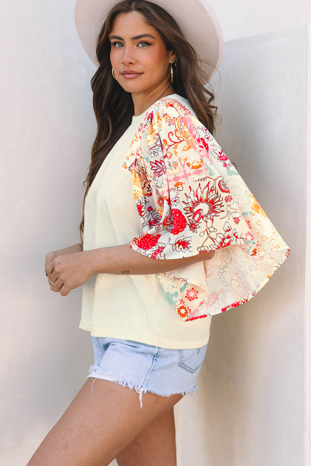 Beige Floral Patchwork Half Batwing Sleeve Blouse Blouses & Shirts JT's Designer Fashion