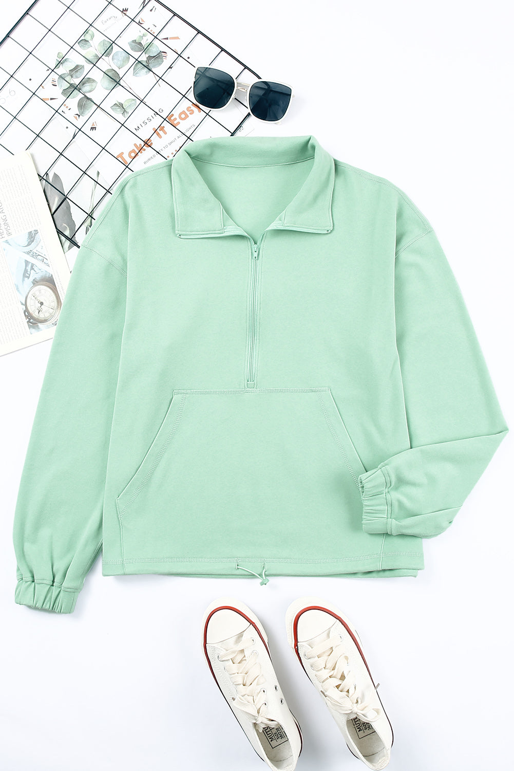 Green Zip Front Pocketed Pullover Sweatshirt Sweatshirts & Hoodies JT's Designer Fashion