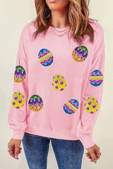 Pink Easter Egg Patched Graphic Drop Shoulder Pullover Sweatshirt Graphic Sweatshirts JT's Designer Fashion