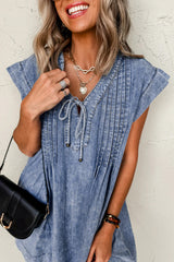Beau Blue Tie V Neck Tucking Detail Short Sleeve Denim Shift Dress Mini Dresses JT's Designer Fashion