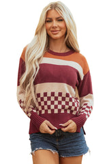 Brown Checkered Color Block Knitted Drop Shoulder Sweater Sweaters JT's Designer Fashion