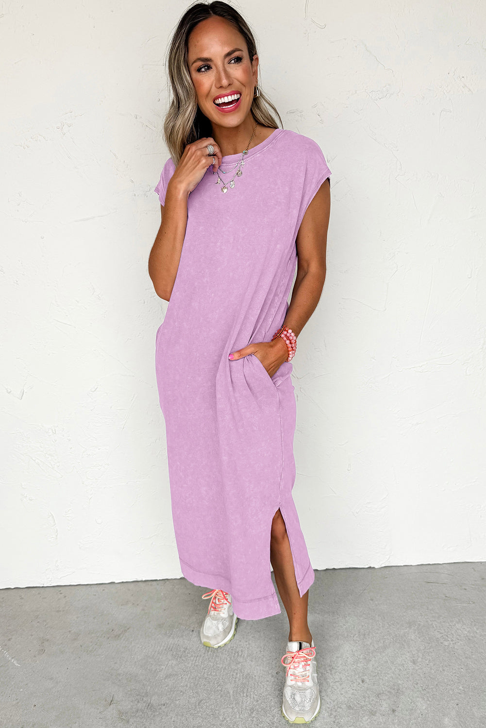 Wisteria Mineral Wash Pocketed T-shirt Long Dress T Shirt Dresses JT's Designer Fashion