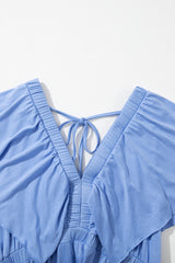 Sky Blue Textured V Neck Flutter Sleeve Ruffled Long Dress Maxi Dresses JT's Designer Fashion