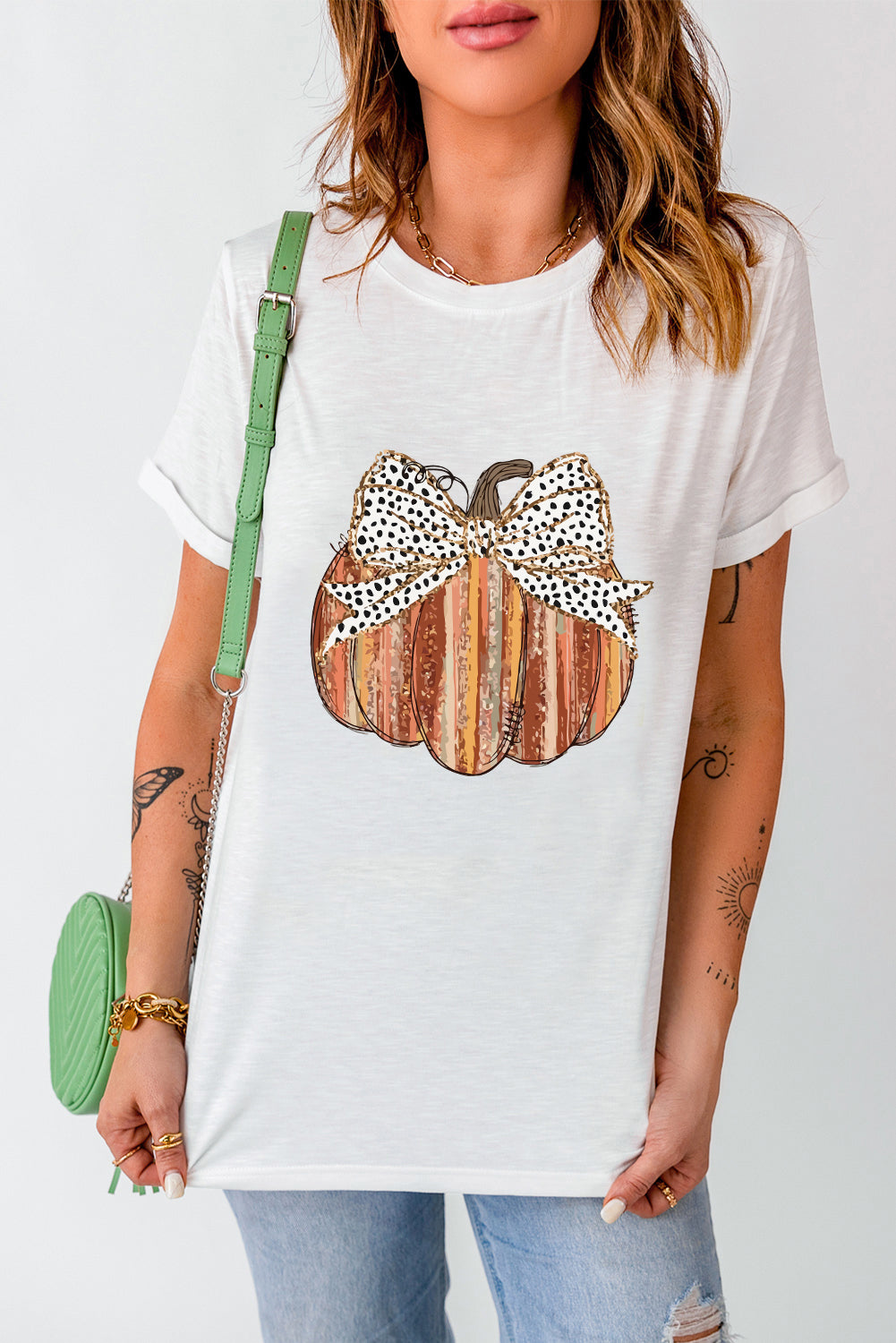 White Thanksgiving Bow Knot Pumpkin Print Round Neck T Shirt Graphic Tees JT's Designer Fashion