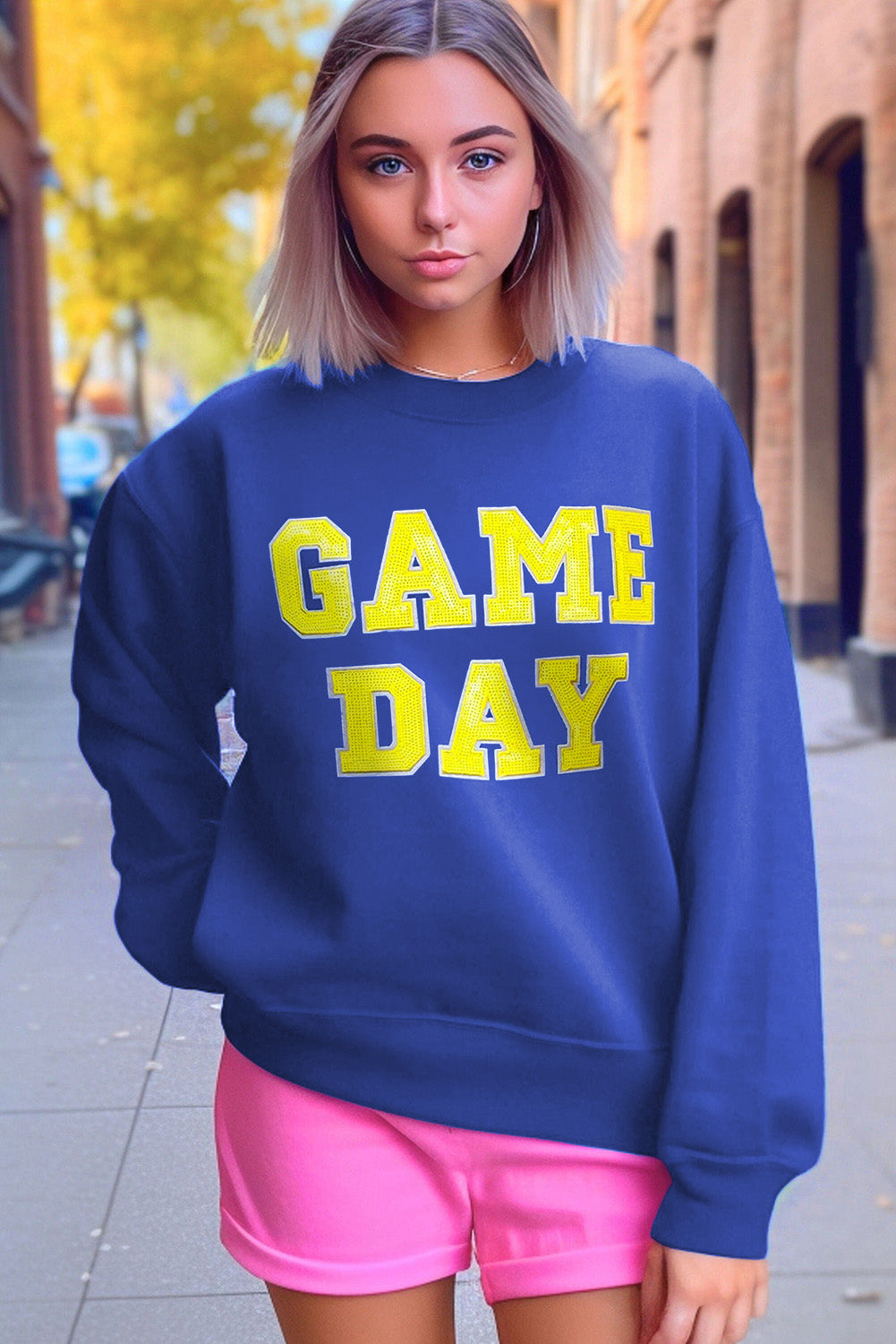 Dark Blue Game Day Crew Neck Graphic Pullover Sweatshirt Sweatshirts & Hoodies JT's Designer Fashion