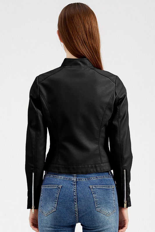Black Faux Leather Snap Button Stand Neck Zipped Pocket Jacket Jackets JT's Designer Fashion