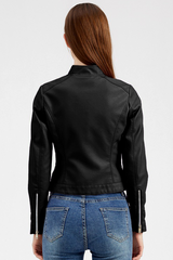 Black Faux Leather Snap Button Stand Neck Zipped Pocket Jacket Jackets JT's Designer Fashion