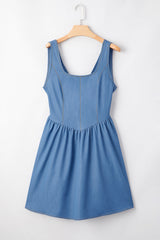 Myosotis Square Neck Pleated Waist V Cut Backless Tied Fit and Flare Dress JT's Designer Fashion
