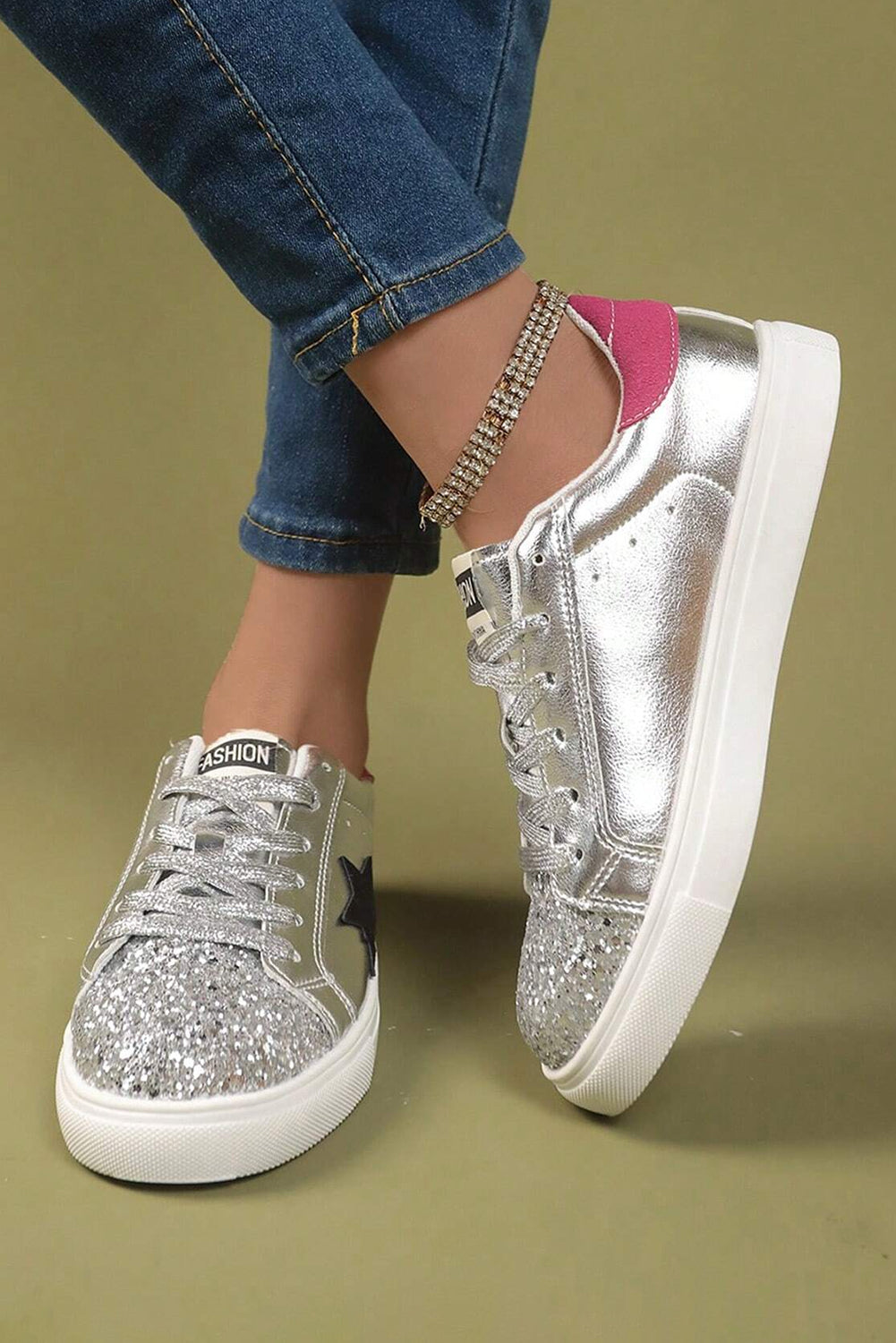 Silvery Metallic Luster Star Pattern Slip On Flat Shoes Women's Shoes JT's Designer Fashion