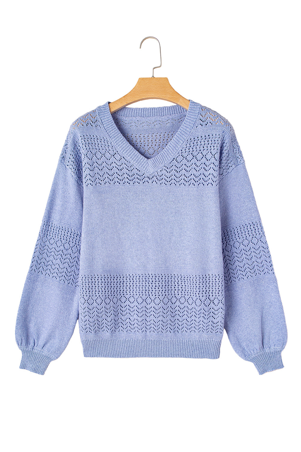 Sky Blue Eyelet Pattern Detail V Neck Drop Shoulder Sweater Sweaters JT's Designer Fashion