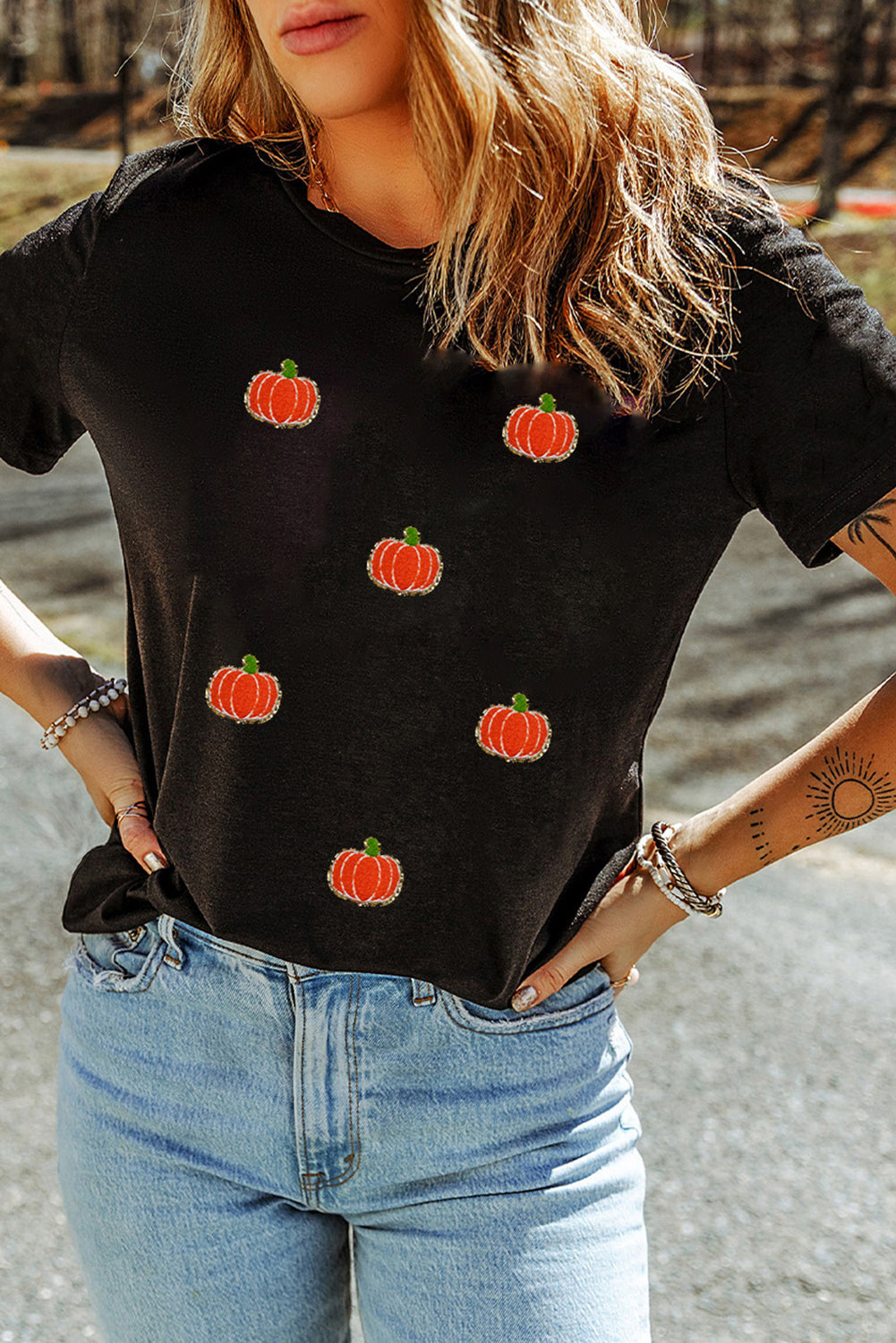 Black Chenille Pumpkin Patched Casual Cotton Blend T Shirt Graphic Tees JT's Designer Fashion