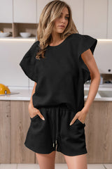 Black Textured Ruffled Sleeve Tee and Drawstring Elastic Waistband Shorts Set Short Sets JT's Designer Fashion