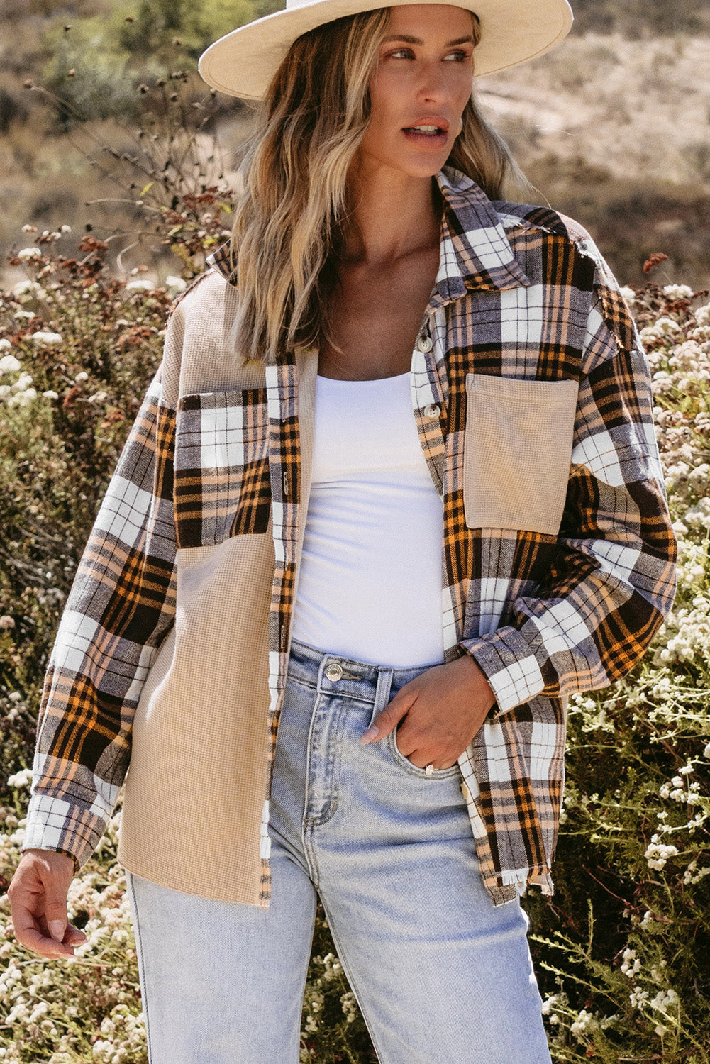 Khaki Thermal Knit Plaid Patchwork Shacket Plaid Shackets JT's Designer Fashion