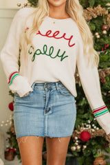 Beige Tinsel Holly Jolly Graphic Classic Sweater Sweaters JT's Designer Fashion