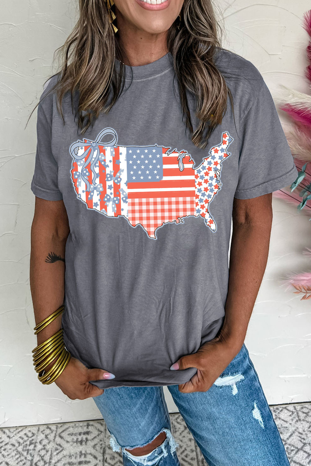 Gray American Flag Bow Map Graphic Tee Graphic Tees JT's Designer Fashion