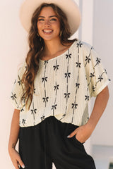 Beige Bow Print Puff Short Sleeve Top Blouses & Shirts JT's Designer Fashion