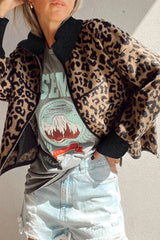 Khaki Leopard Print Zip Up Stand Neck Side Pocket Jacket Jackets JT's Designer Fashion
