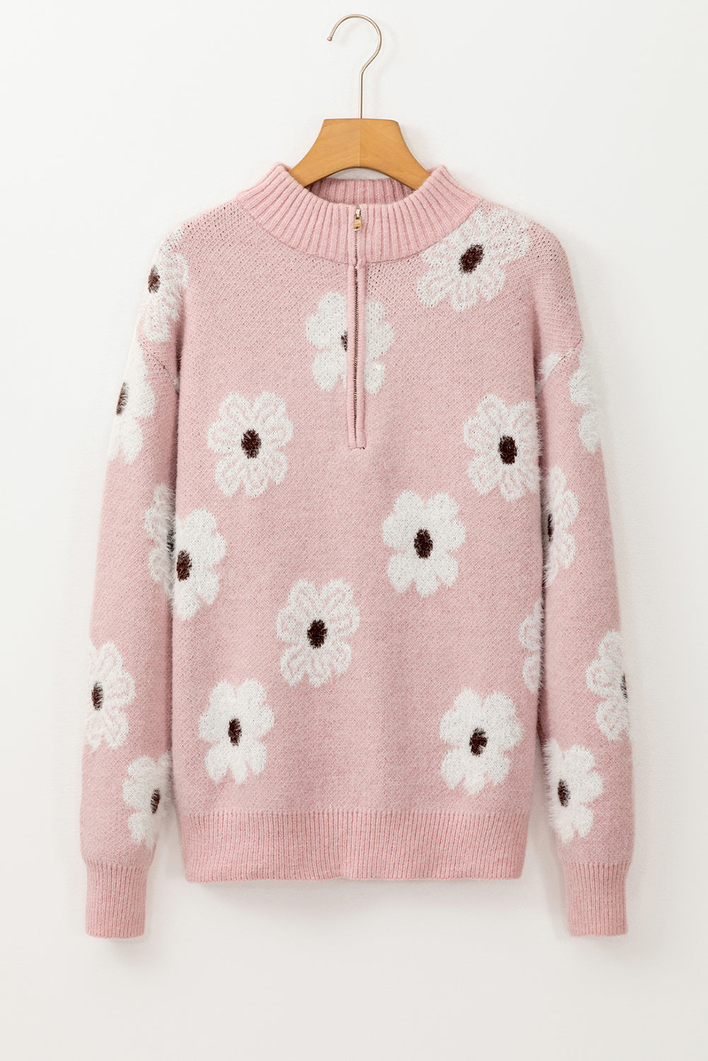 Pink Floral Pattern Half Zip Drop Shoulder Sweater Sweaters JT's Designer Fashion