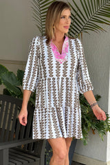 Black Contrast Floral V Neck Printed Bracelet Sleeve Dress Mini Dresses JT's Designer Fashion