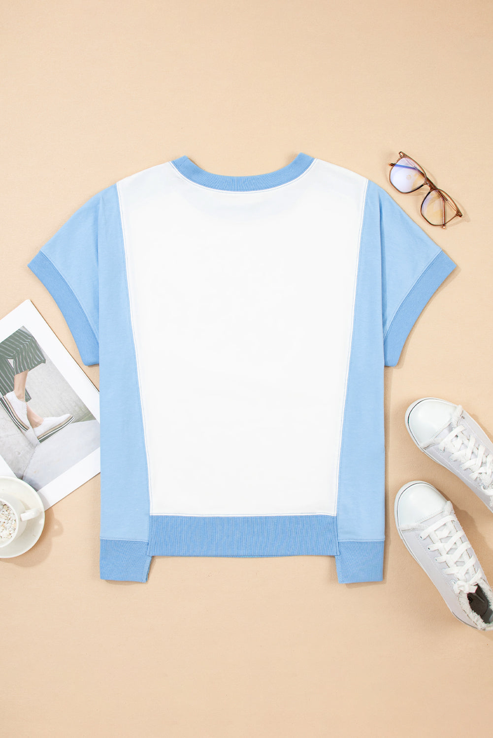 Sky Blue Star Plaid Flower USA Graphic Color Block Crewneck T Shirt Graphic Tees JT's Designer Fashion