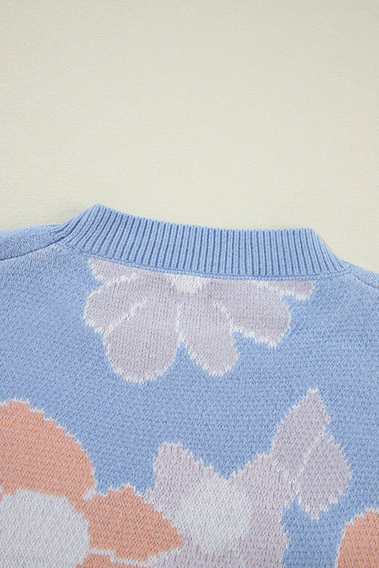 Beau Blue Floral O Neck Drop Shoulder Knitted Sweater Sweaters JT's Designer Fashion